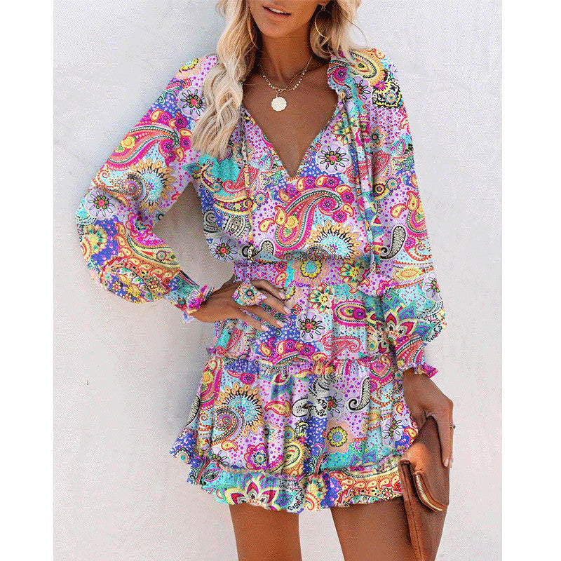 Fashion Printed Patchwork Puff Sleeve Dress