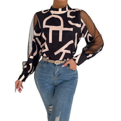 Fashion Geometric Print Stitching Mesh Blouse