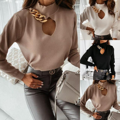 Fashion Long Sleeve Turtleneck Chain Decorative Hollow Bottoming Shirt