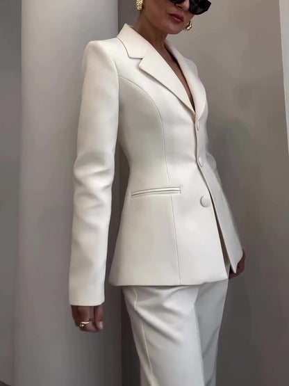 Fashion Classic Waist-Cinched Blazer & High-Waisted Pants White Suit