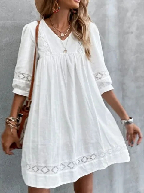 Fashion White V-neck Minimalist Dress