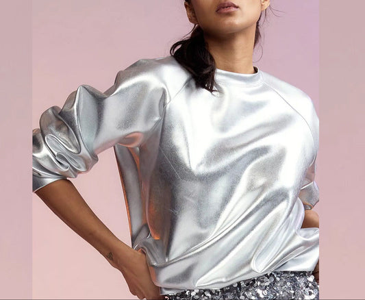 Fashion Round Neck Long Sleeve PU Leather Shirt
