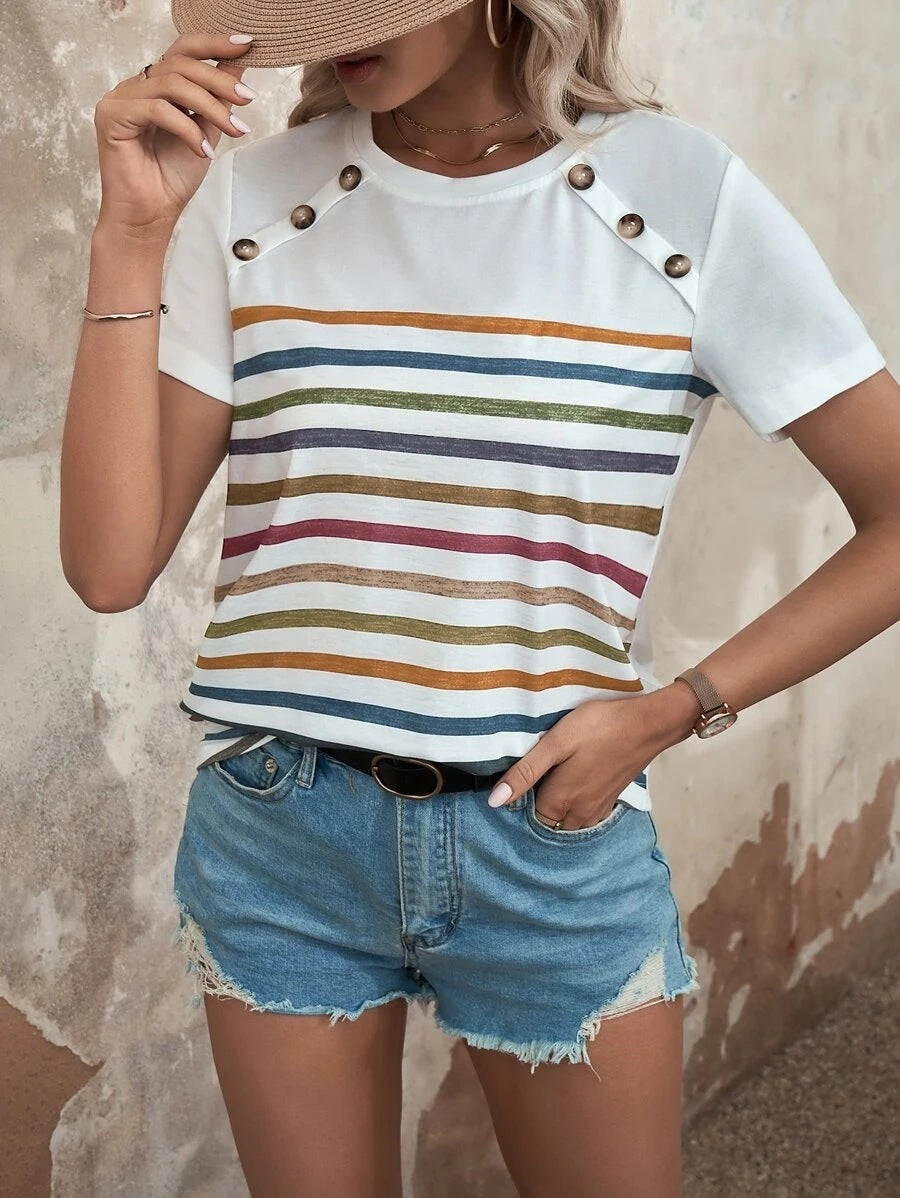 Fashion Stripes Printed Stitching Button Short-sleeved T-Shirt