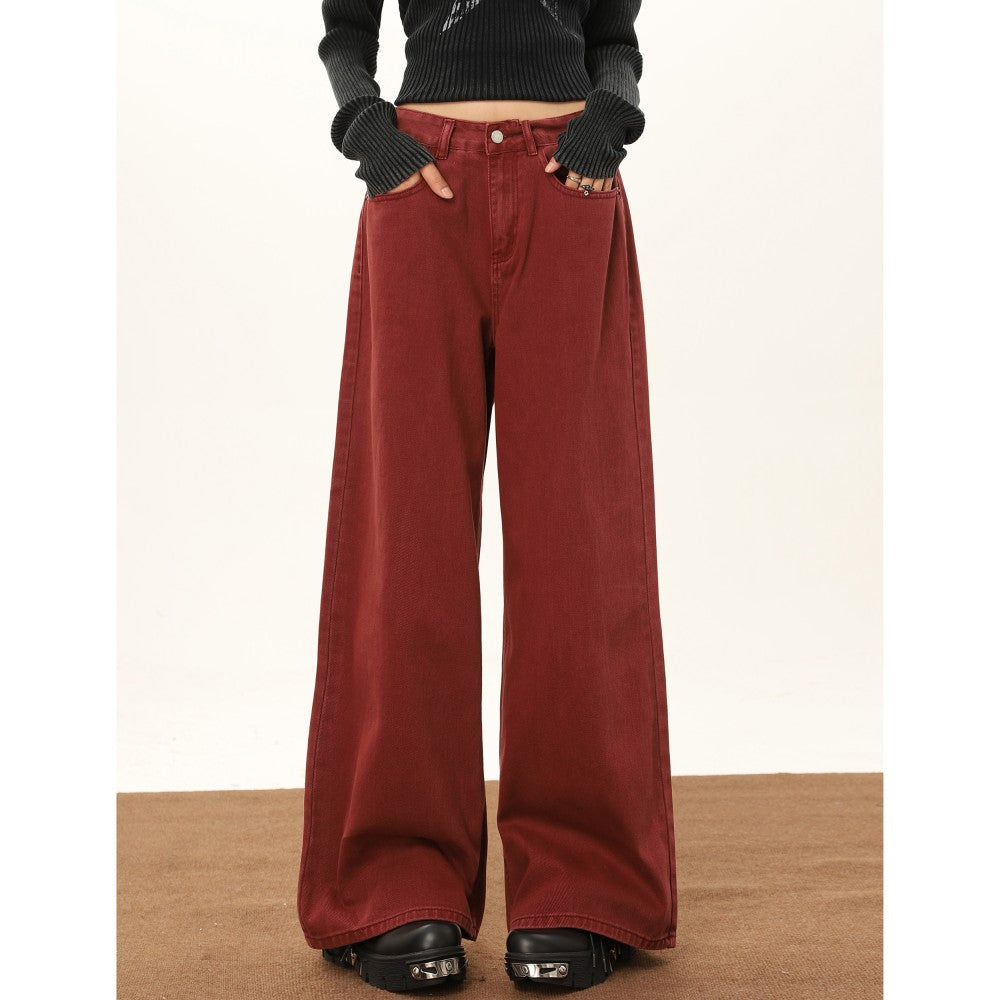 Fashion Wine Red Wide Leg Pants