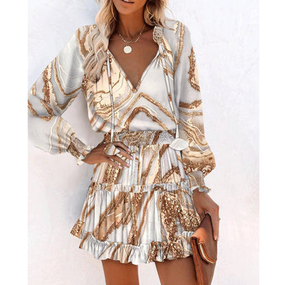 Fashion Printed Patchwork Puff Sleeve Dress