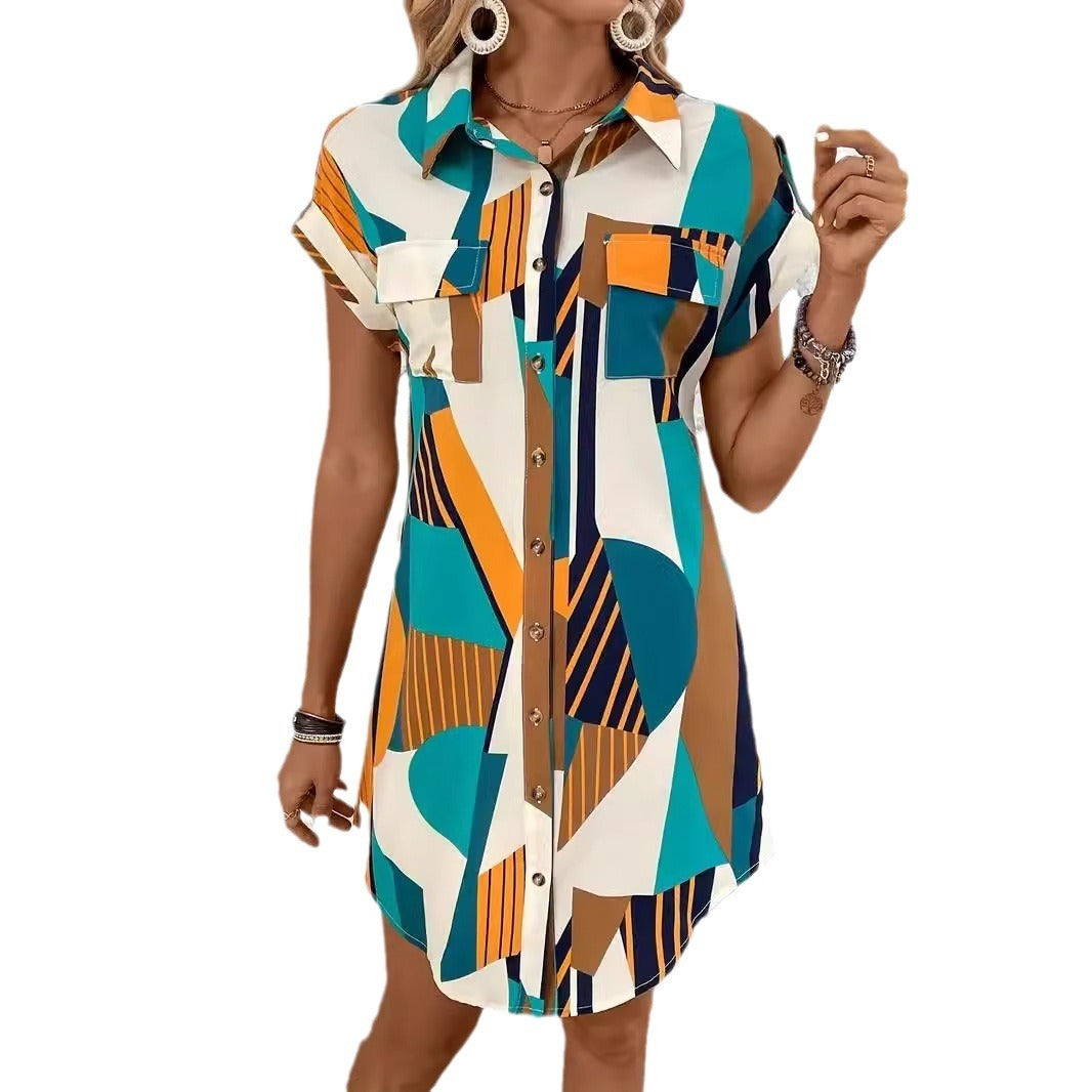 Fashion Geometric Printed Shirt Dress