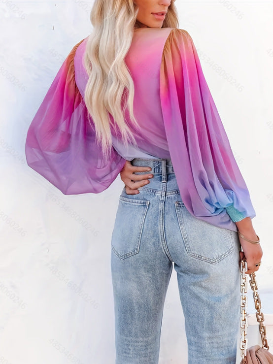 Fashion Gradient See-through Chiffon Shirt