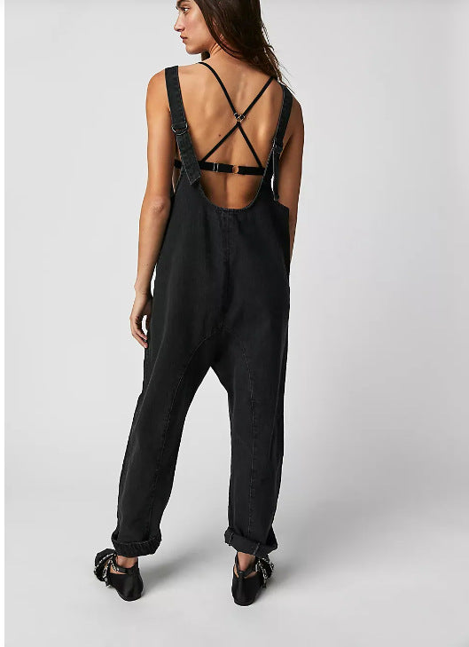 Fashion Solid Color Suspender Jumpsuits