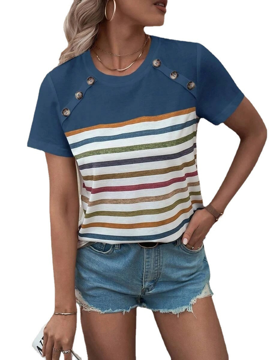 Fashion Stripes Printed Stitching Button Short-sleeved T-Shirt
