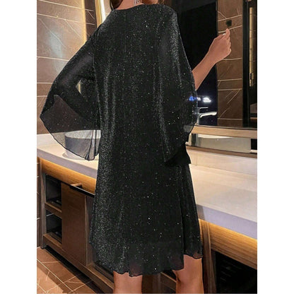 Fashion V-Neck Half Sleeve Loose Waist Shiny Dress