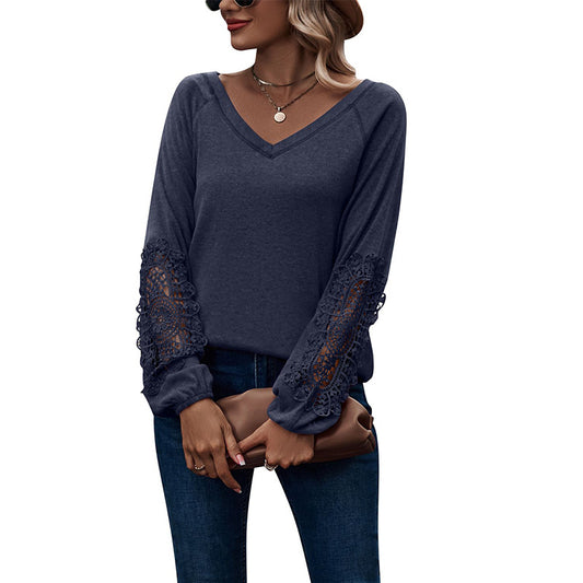 Fashion Loose V-neck Lace T-Shirt