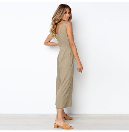 Fashion Dacron Button Backless Jumpsuit