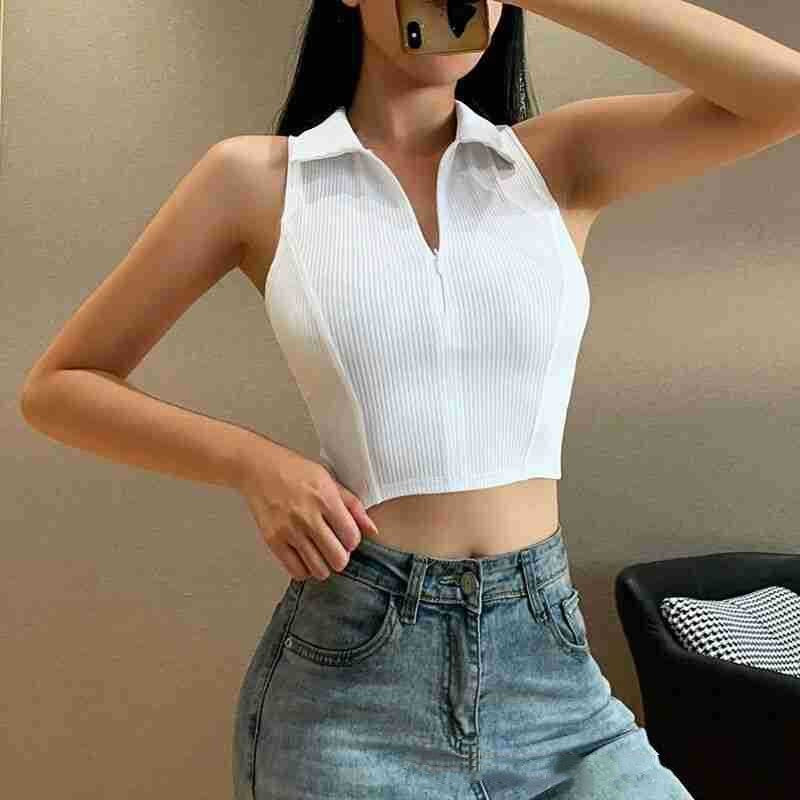 Fashion Sleeveless Zipper V-neck Crop Top