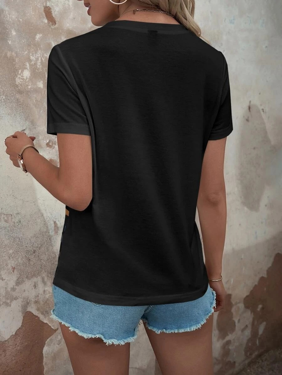 Fashion Stripes Printed Stitching Button Short-sleeved T-Shirt