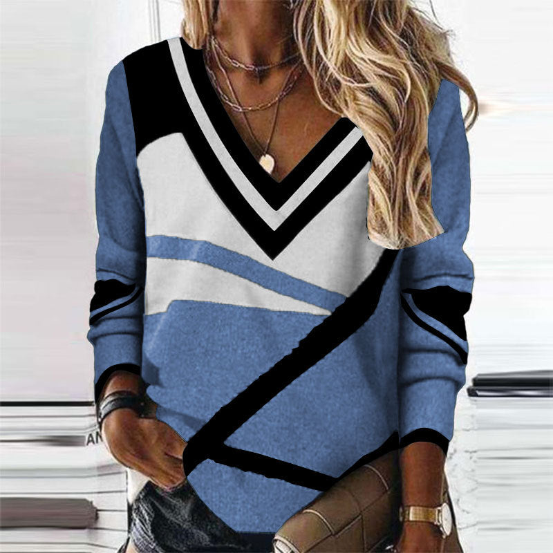 Fashion V-Neck Contrast Color Geometric Print Sweater