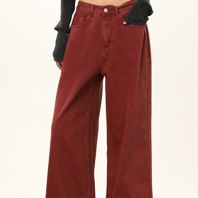 Fashion Wine Red Wide Leg Pants