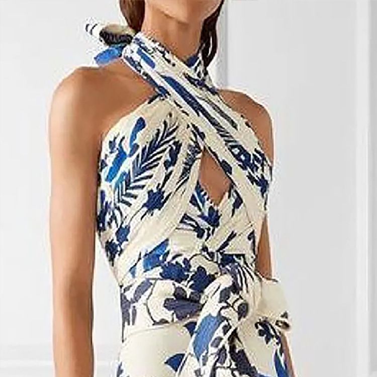 Fashion Printed Halter Hollow Dress