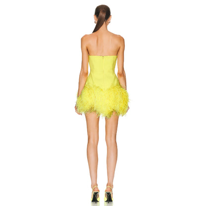 Fashion Deep V Strapless Ostrich Feather Hip-wrapped Mini Dress