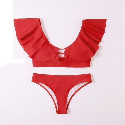 Fashion Ruffle Solid Tie Bikini Split Swimwear