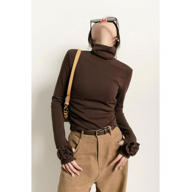 Fashion Brown Micro Velvet Lined Turtleneck Bottoming Shirt