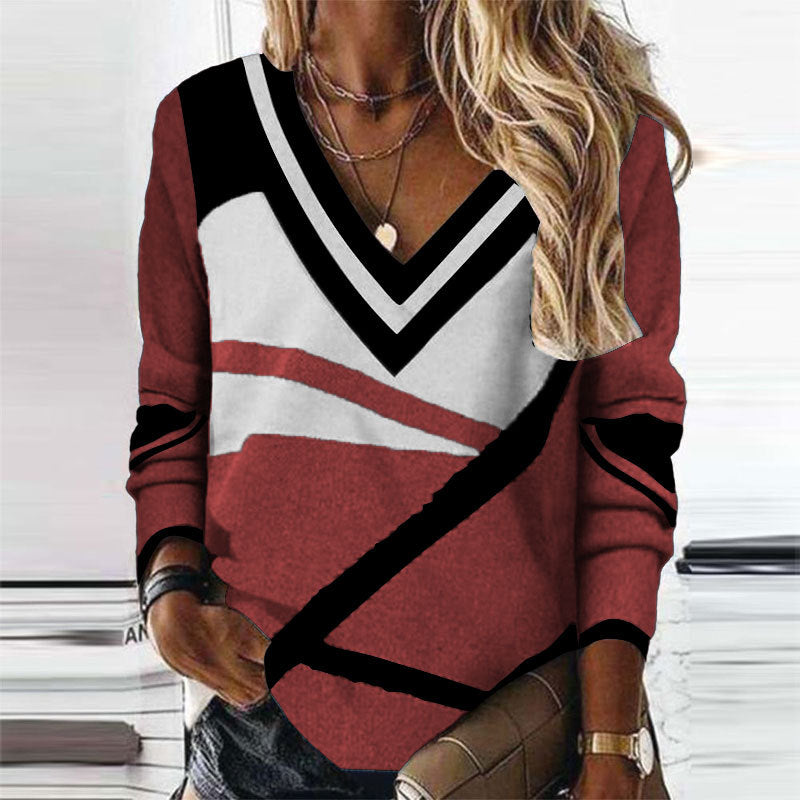 Fashion V-Neck Contrast Color Geometric Print Sweater