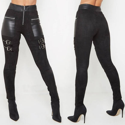 Fashion Black Leather Zipper Pants