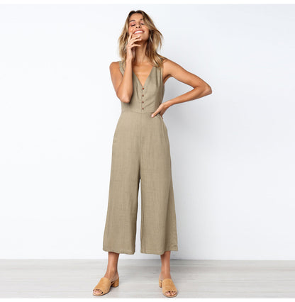 Fashion Dacron Button Backless Jumpsuit