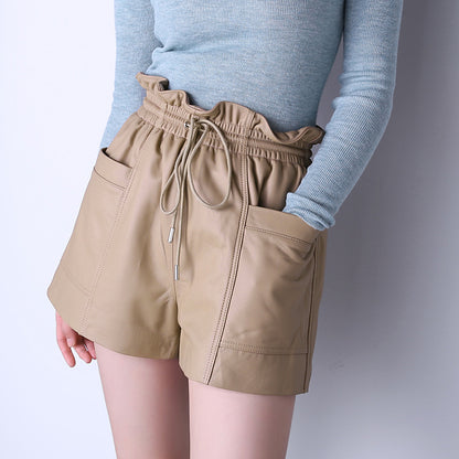 Fashion Drawstring Pocket Casual Leather Sheepskin Shorts