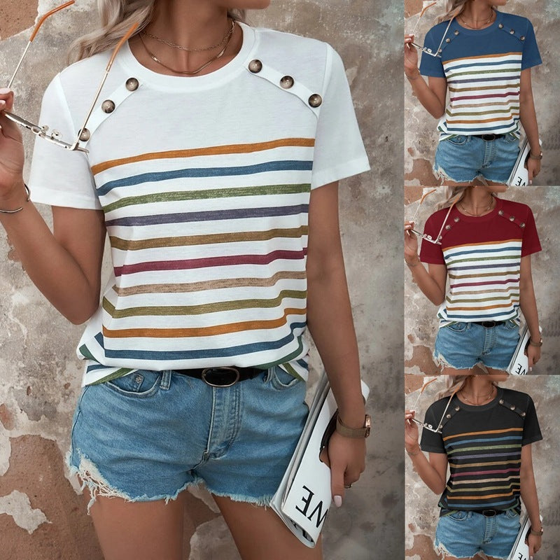 Fashion Stripes Printed Stitching Button Short-sleeved T-Shirt