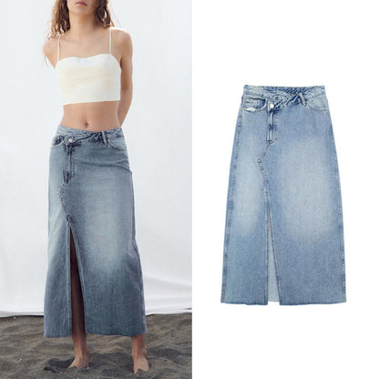 Fashion Diagonal Patchwork Denim Skirt