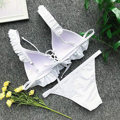 Fashion Fold Lace Comfortable Solid Color Split Swimsuit Bikini