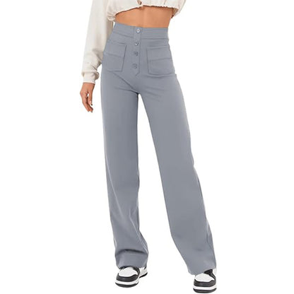 Fashion High Waist Pocket Wide Leg Button Casual Baggy Straight Pants