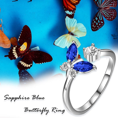 Fashion 925 Sterling Silver Butterfly Ring with Sapphire Blue Crystal